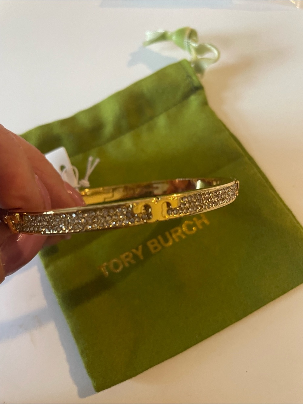 Tory Burch Gold Crystal Pavé Logo Hinged Bangle Bracelet